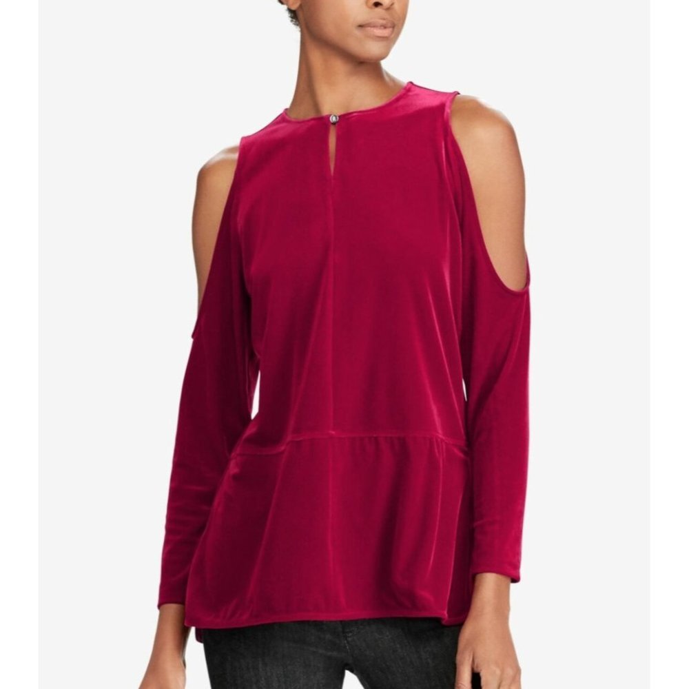 Ralph Lauren Women Velvet Cold Shoulder Top Blouse Keyhole Front Magenta Size XL